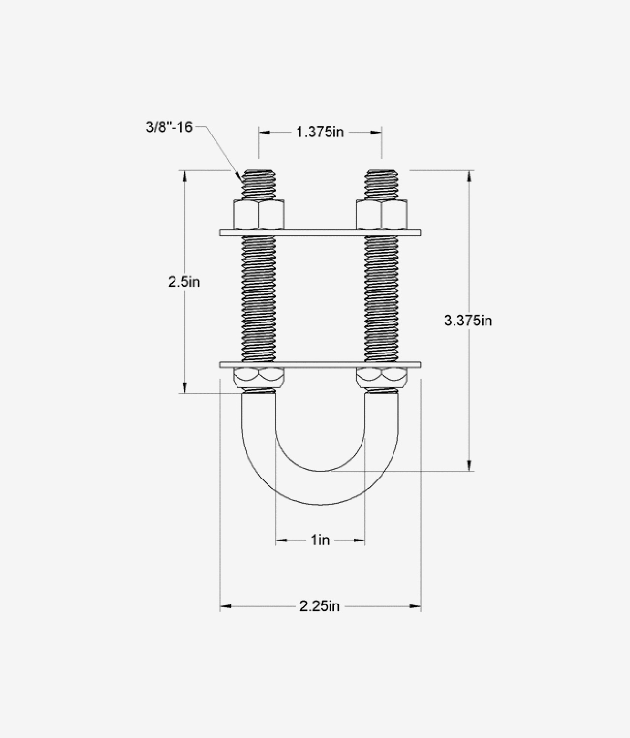 Dimensions for Heavy Duty Marine Grade U-bolt made from corrosion-resistant 304 stainless steel and rated to 1,200 lbs.